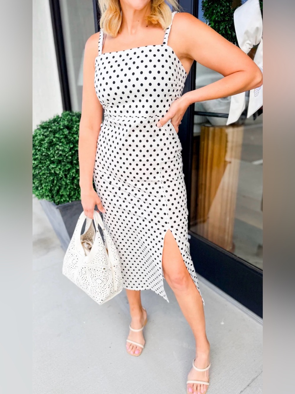 White Polka Dot Square-Neck Cotton Midi Dress with Side Slit